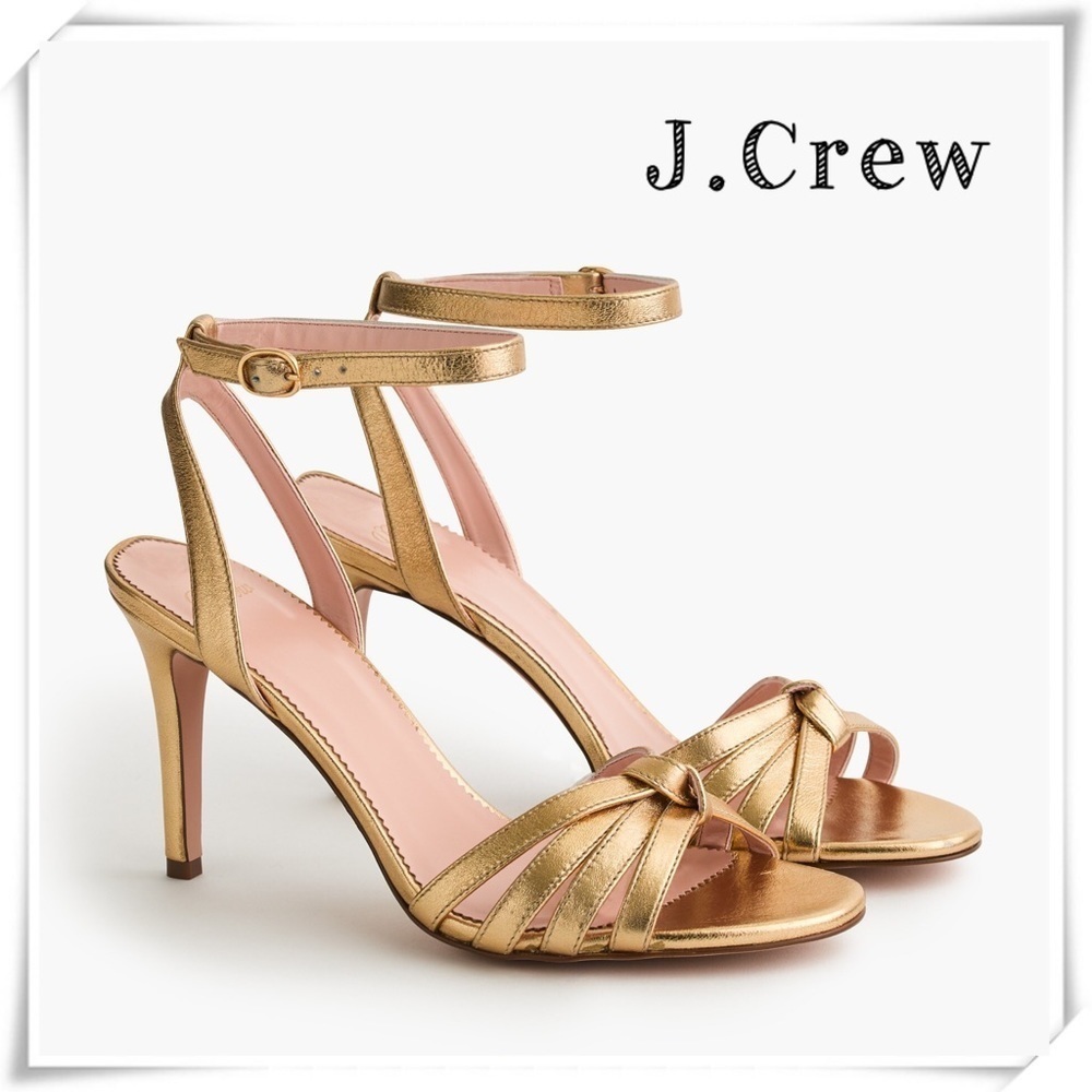 J.CREW Riley Knotted Ankle Strap Heel Sandals Gold Metallic Leather Size 6.5